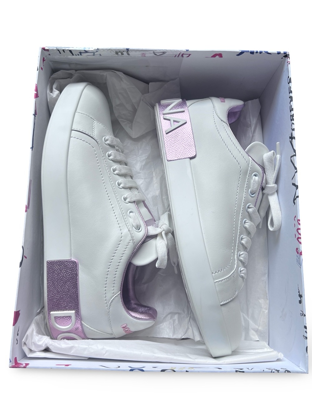 Dolce & Gabbana White Sneakers with Lilac Accents - Women’s Low-Top Trainers